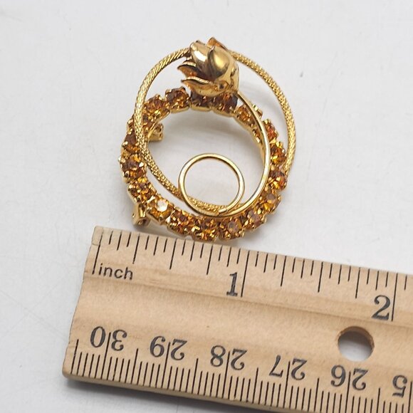 Vintage Gold Tone Brooch Pin With Faux Amber Rhinestones Rose Flower Design - Picture 4 of 4